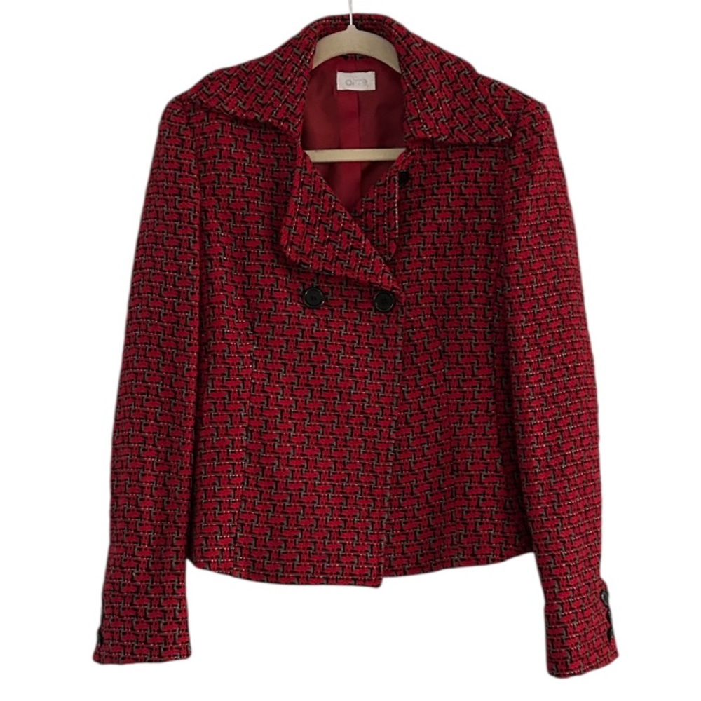 Oltre Red Plaid Lined Wool Blend Double Breasted Blazer Size 8